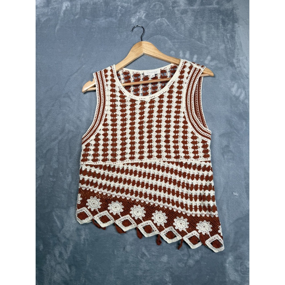 Greige Crochet Tank Top Womens M Multicolor Hollow Out Cropped Asymmetrical Hem
